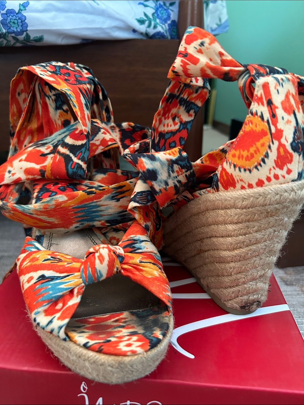 Impo Orange Multi Floral Tie-Wrap Espadrille Wedges